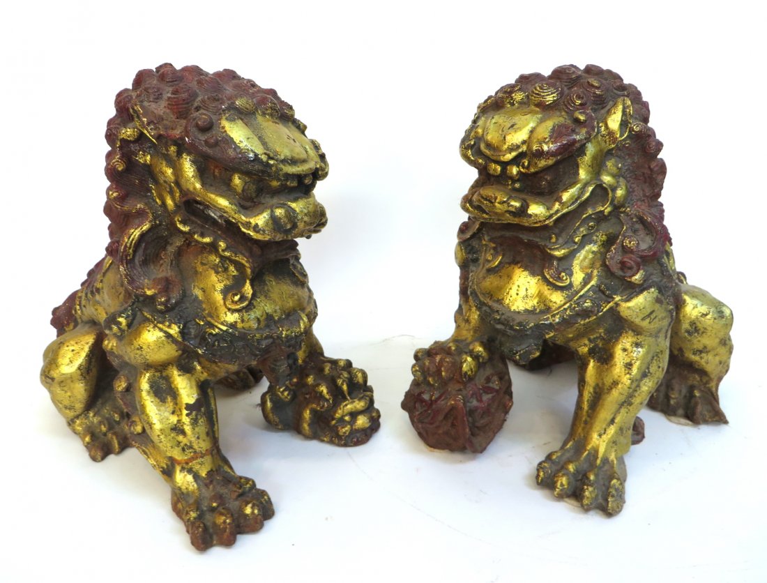 Pair Of Painted Qing Era Cast Iron Shi Lions (1 of 3)