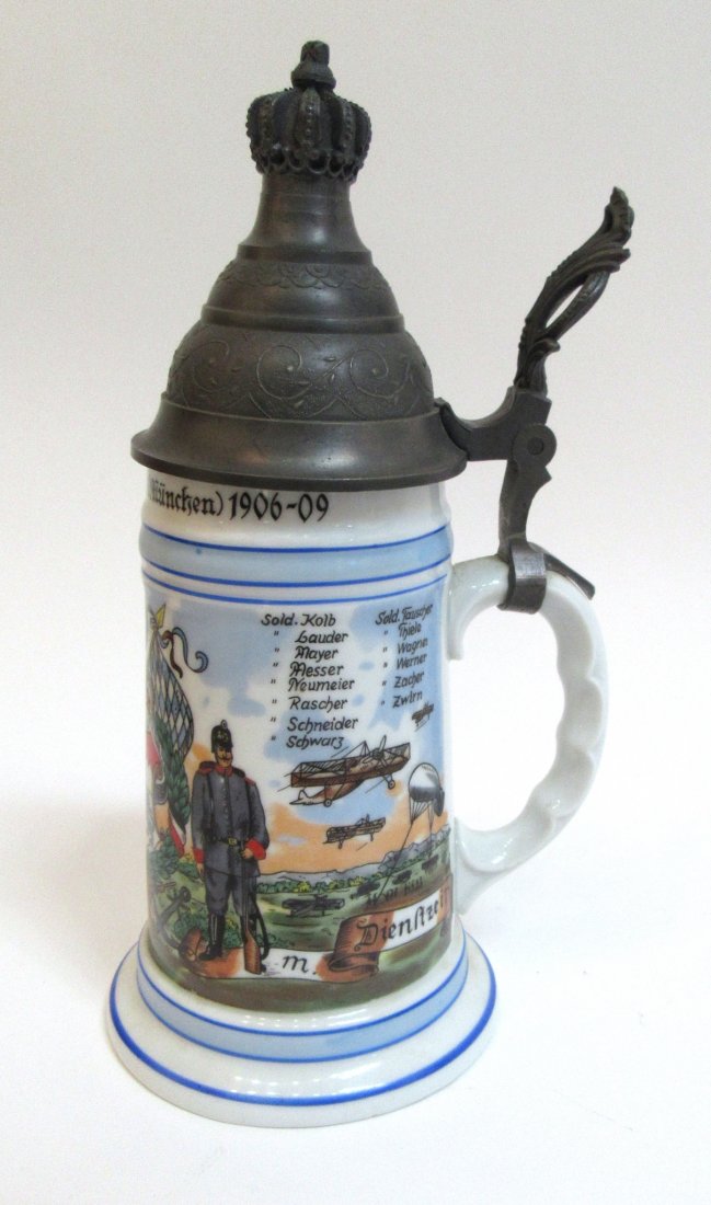 Ceramic Beer Stein: Ceramic Beer Stein : Description: An 11" stein with a pewter lid, decorated with icons of German military aeronautical interest. $20 - $30 Shipping: