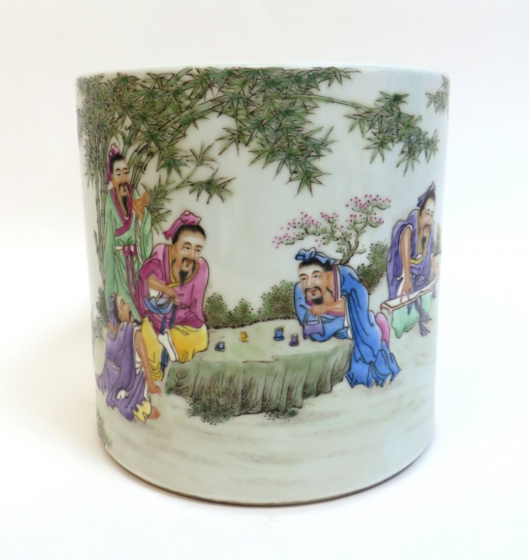 20th Century Famille Rose Brush Pot: 20th Century Famille Rose Brush Pot: Description: Men drinking tea and calligraphy on back. Maker's mark on bottom. Dimensions: 8 3/4" X 9"