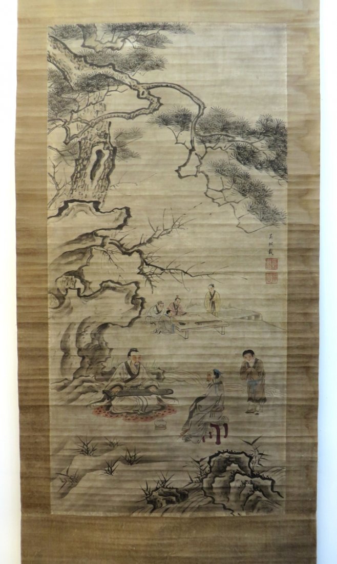 Chinese Scroll Of Scholars: Chinese Scroll Of Scholars: Description: In the foreground, a musician entertains on his guzheng. Four scholars gather at painting table. An inkstone and a guzheng are on the table. One ma