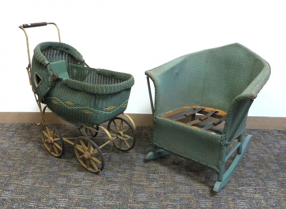 Antique Wicker Child’s Rocker And Doll Carriage (1 of 9)