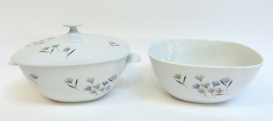 Two Rosenthal Porcelain Bowls: Two Rosenthal Porcelain Bowls: Two white bowls painted with flowers, marked 'Rosenthal'. One with handles and a lid. 7 3/4" $20 - $30 Shipping: