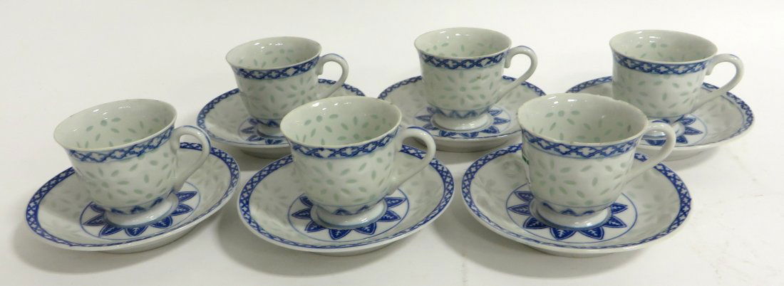Set Of Six Rare Tea Cups: Set Of Six Rare Tea Cups : With thin glaze with a translucent quality allowing one to see through. In blue and white glaze. Saucer: 4 3/4" Cup: 2 1/4" X 3&q