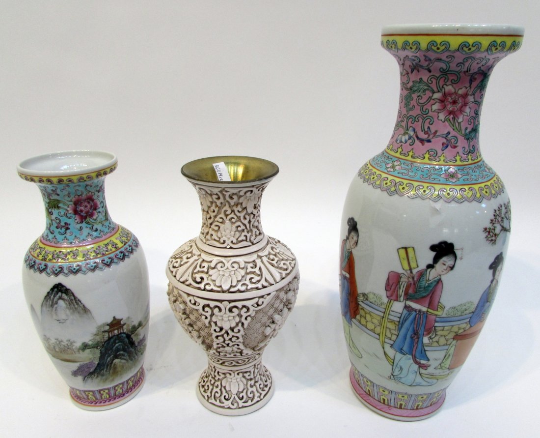 Three Vases: Three Vases: Two Chinese porcelain vases with marks on the bottom and one Taiwanese vase from Ivory Dynasty stamped on the bottom. tallest 12 1/2" $120 - $20