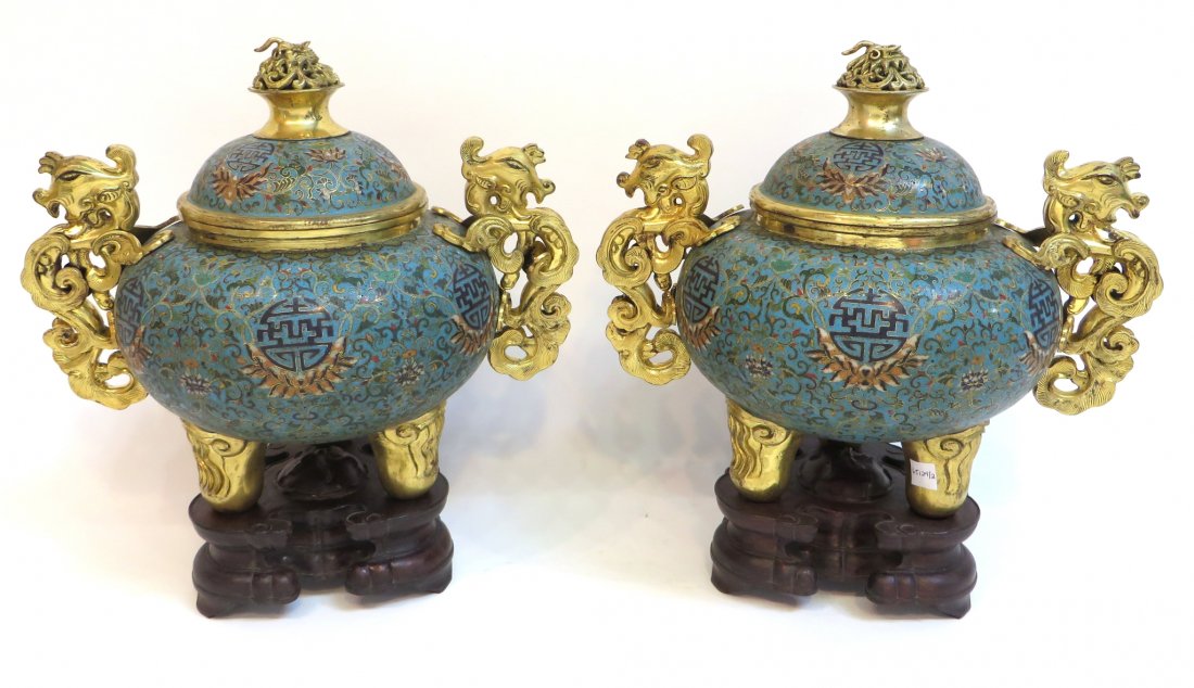 Pair Of Qianlong Cloisonne Censers With Stands (1 of 10)