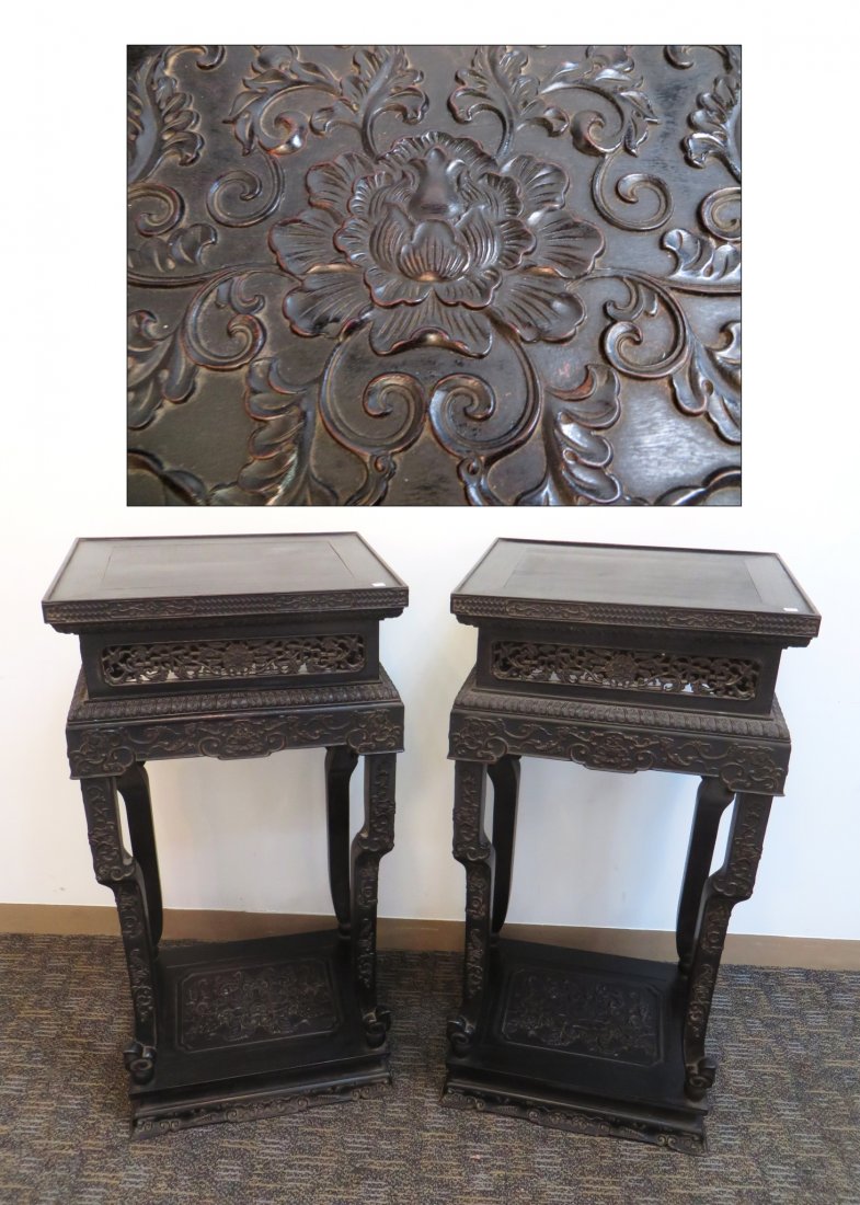 Pair Of Qing Zitan Imperial High Stands: Pair Of Qing Zitan Imperial High Stands: Carved with a flower pattern, pierced aprons, elbowed legs and carved continuous floor stretcher. 39 1/2" X 16" X 19 1/2