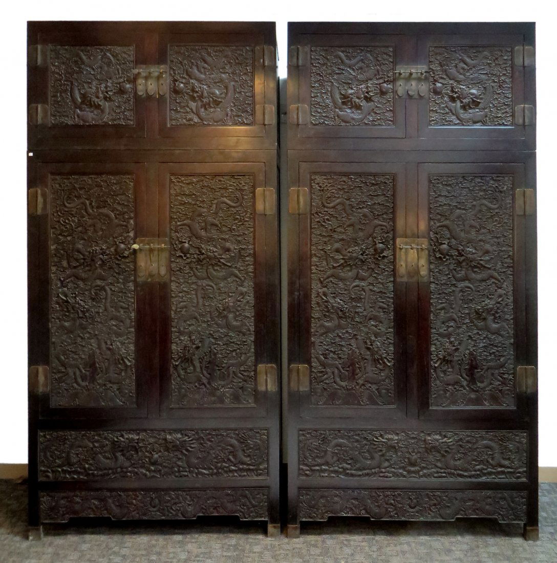 Pair Of Dragon Carved Zitan Wardrobes (1 of 10)