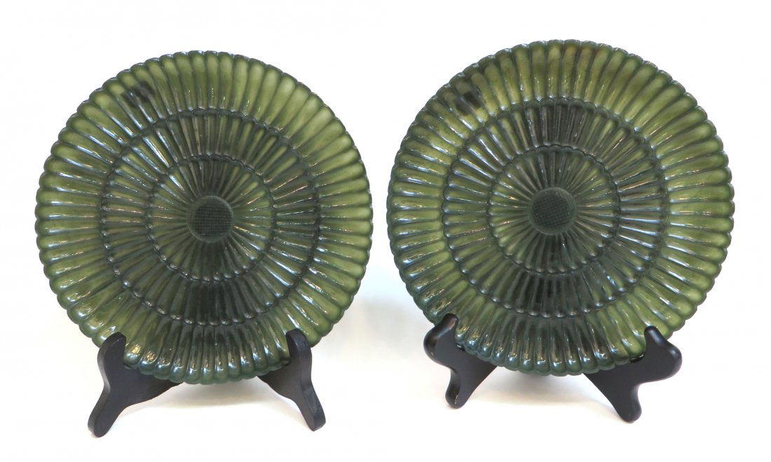 Pair Of Carved Green Jade Plates