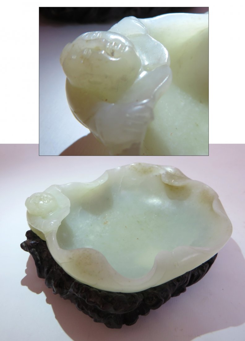 White Jade Brush Washer: White Jade Brush Washer: With a finely carved stand in the water wave pattern. 4" X 3 1/2" $1000 - $1500 Shipping: We are