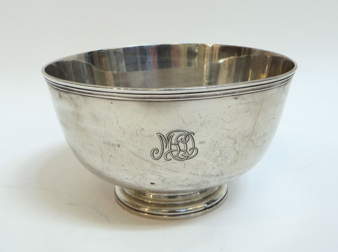 Sterling Bowl By Tiffany & Co.: Sterling Bowl By Tiffany & Co. : A monogrammed bowl dated 1938, marked as a reproduction of an example made by Jacob Hurd, Boston (1702 - 1758). Has surface scratches. Weighs 554 grams. Engrave