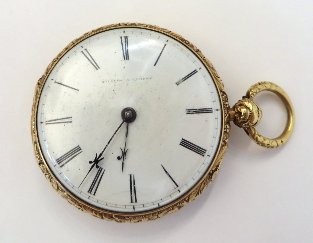 William A. Torrey English "Liverpool" Type Watch: William A. Torrey English "Liverpool" Type Watch : A watch inside an 18K open faced case with moderate wear. The fusee/lever high grade jeweled key wind movement runs when wound. Signed on