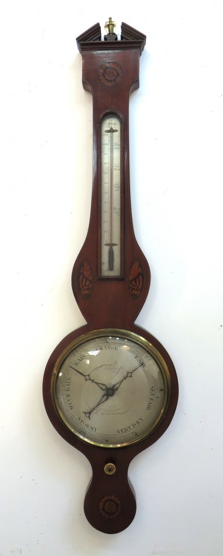 Banjo Style 19th Century English Barometer: Banjo Style 19th Century English Barometer: A mercury charged inlaid barometer engraved with the signature "P. Introssi" and with inlayed rosettes and a thermometer.
