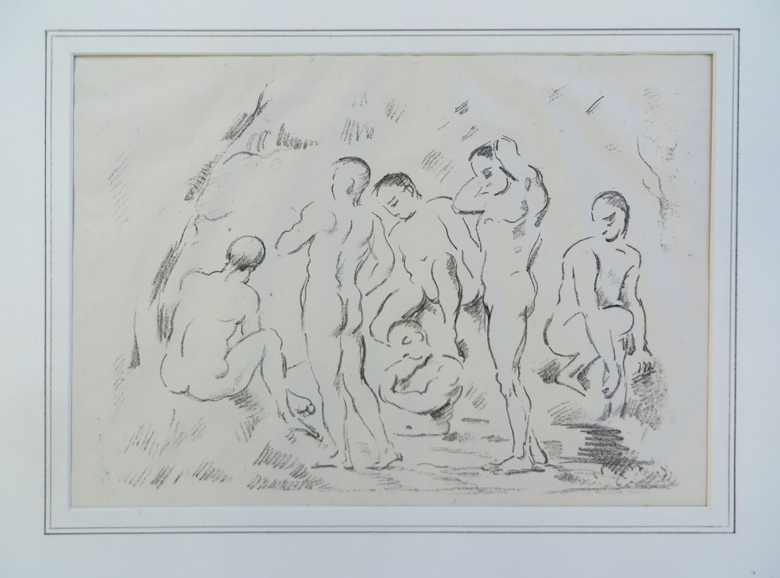 "Les Baigneurs" Paul Cezanne (French, 1839- 1906): "Les Baigneurs" Paul Cezanne (French, 1839- 1906): A trial proof on China paper done in 1897. This original lithograph, in the Petit Planche version, comes framed loosely with authenticity
