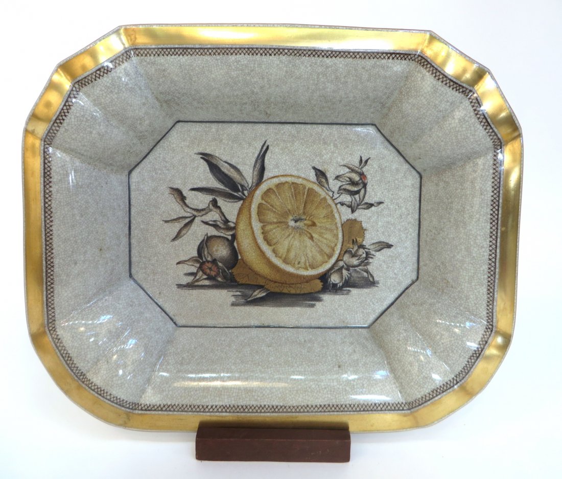 Porcelain Display Tray: Porcelain Display Tray: A luster gold and poly glazed rectangular display frame with a lemon against a gray green crackleture background. It has marking on the bottom and is numbered 298/2577. Includ
