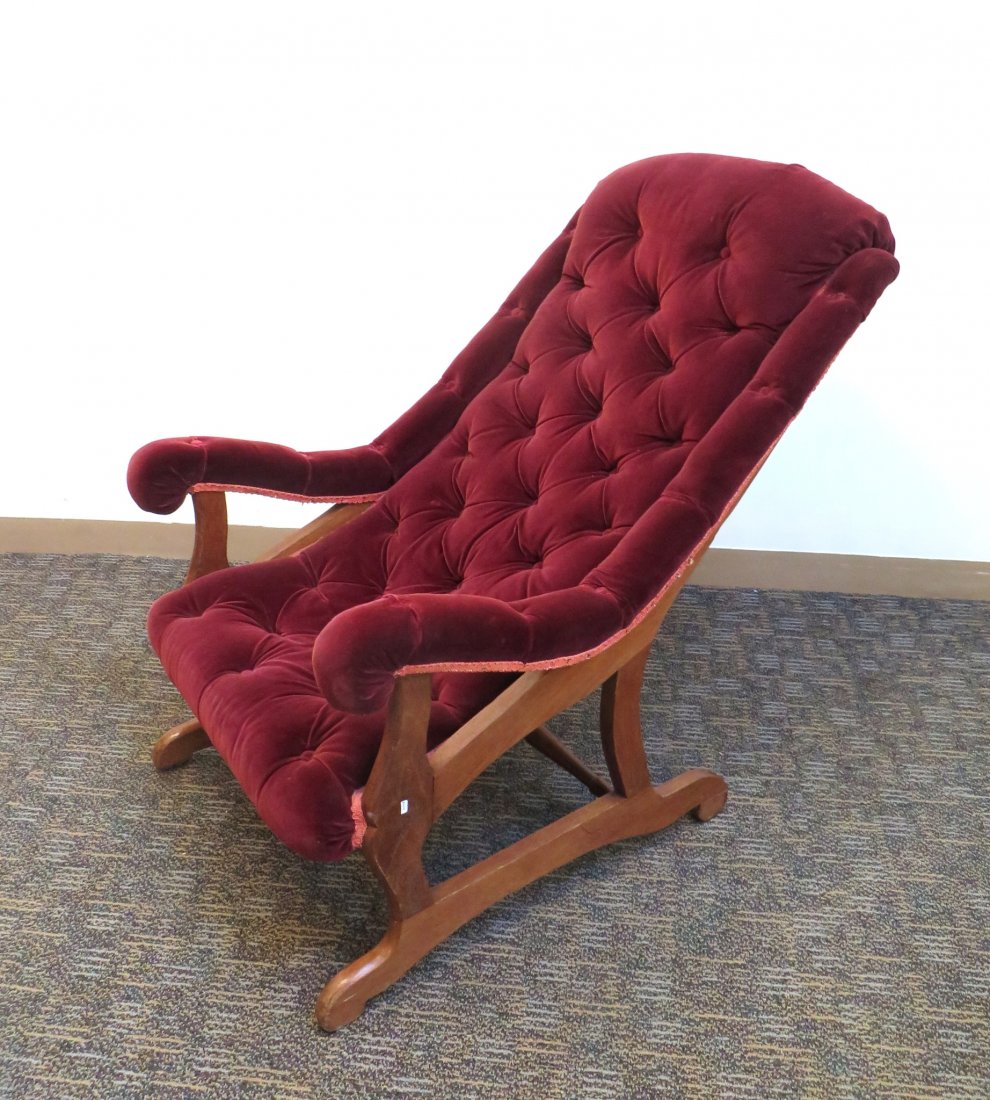 Civil War Era Upholstered Chair: Civil War Era Upholstered Chair : An antique slipper chair with red upholstery. Designed so that it can be sat in without removing your sword. 34" X 36" X 27"