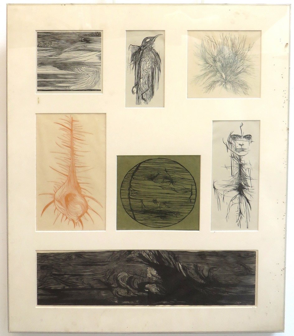 Leonard Baskin Framed Selection: Leonard Baskin Framed Selection: Seven prints "from a book" arranged behind a Plexiglas frame. 26" X 20" $20 - $30 Shipping: