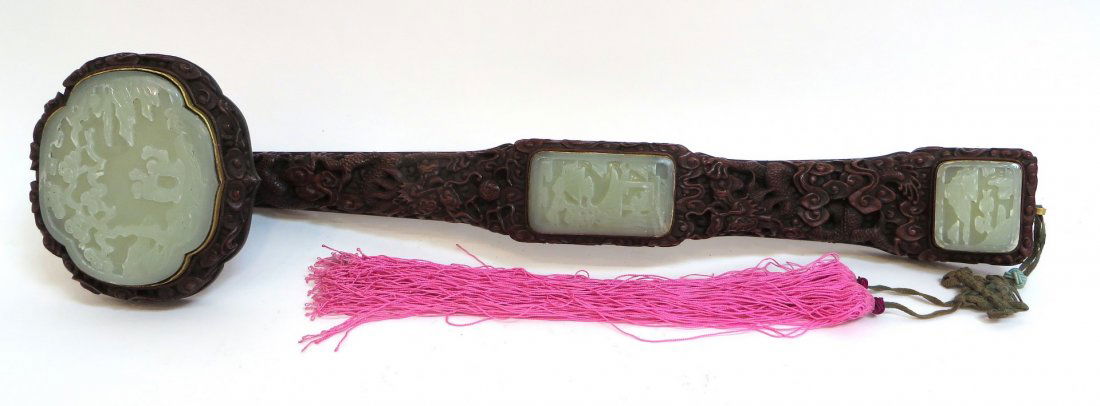 Carved Zitan & White Jade Mounted Ruyi (1 of 10)