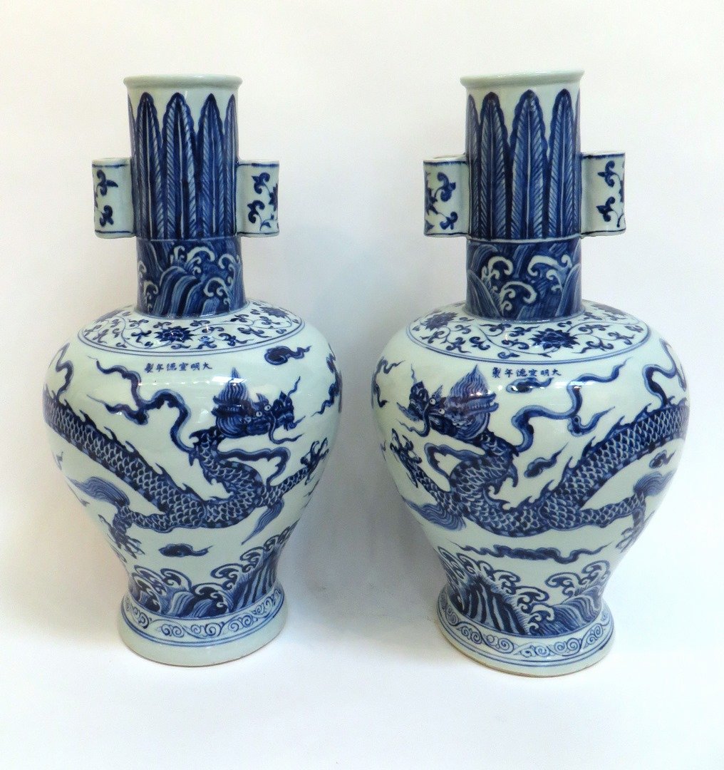Pair Ming Blue & White Dragon Vases (1 of 7)