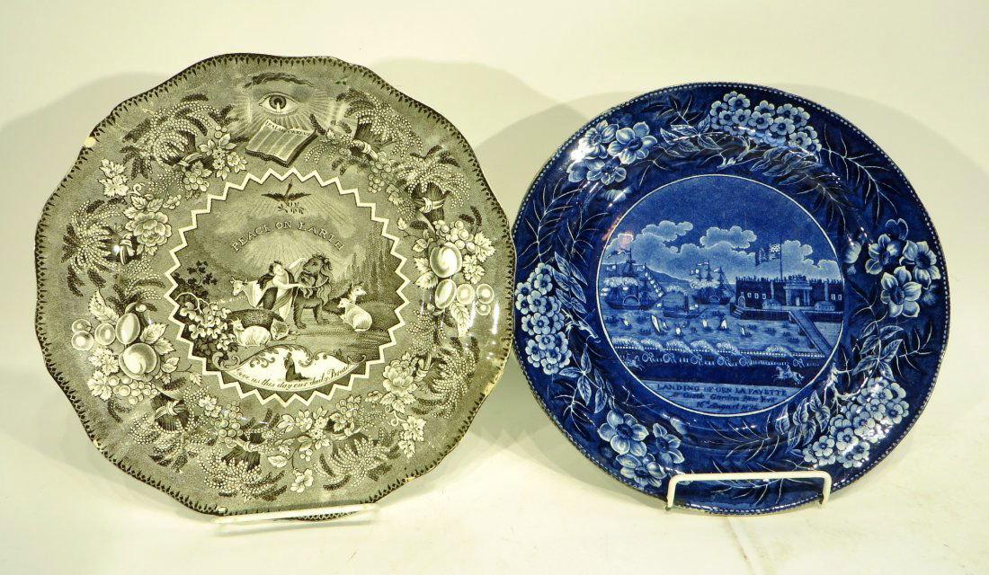 Two Transfer Ware Commemorative Plates: Two Transfer Ware Commemorative Plates: One, marked "Millennium" decorated in transfer in the manner of Edward Hicks' Peaceable Kingdom; the other, stamped Clee's Warranty, Staffordshire, i