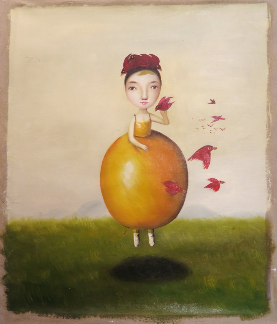 Girl Wearing Lemon Dress: Girl Wearing Lemon Dress : Surrealistic painting of a girl clothed in a lemon form balloon dress, floating above lush green grass while red birds fly about and nest in her hair, forming a bow. This o