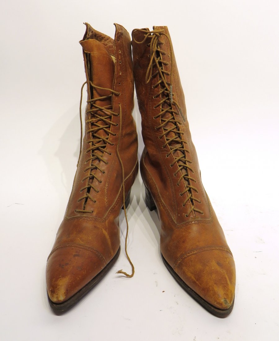 Pair Fancy Late 19th C. Leather Ladies Lace Shoes: Pair Fancy Late 19th C. Leather Ladies Lace Shoes: In good condition. The boots are perforated in spectator style. 10" X 3" X 10 1/2" $20 - $40