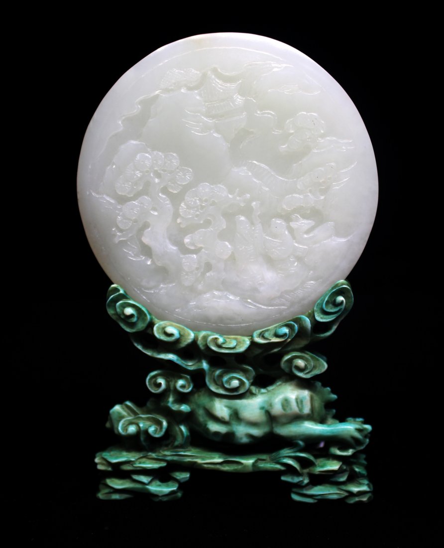 CHINESE JADE TABLE SCREEN ON TURQUOISE STAND (1 of 7)