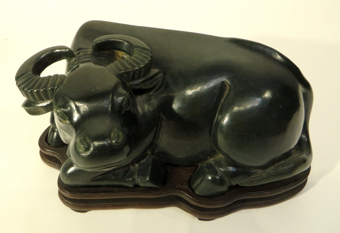CHINESE SPINACH JADE WATER BUFFALO ON STAND (1 of 7)