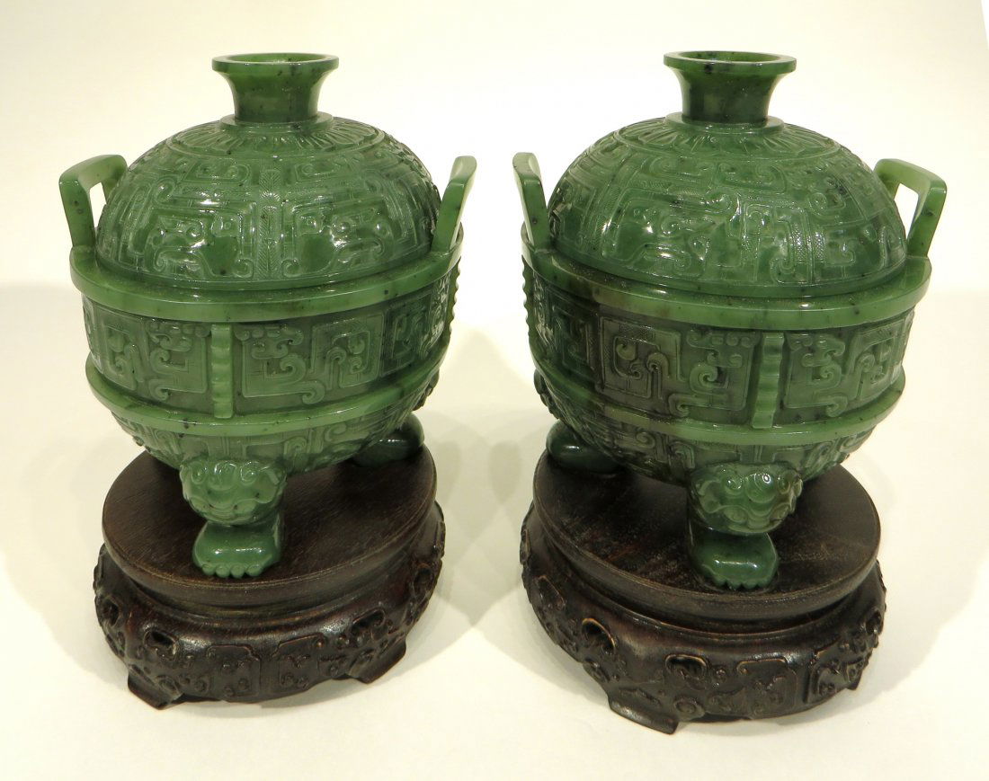 CHINESE PAIR OF GREEN JADE CENSERS ON STANDS (1 of 10)