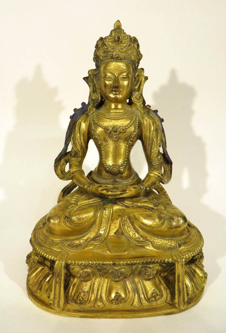 CHINESE MING DYNASTY GILT BRONZE BUDDHA: Chinese Ming Dynasty Gilt Bronze Buddha : Antique Chinese Ming Dynasty (AD 1368-1644) gilt bronze Buddha figure, finely cast figure, seated in full lotus position upon lotus throne, hand in Dhayana-M