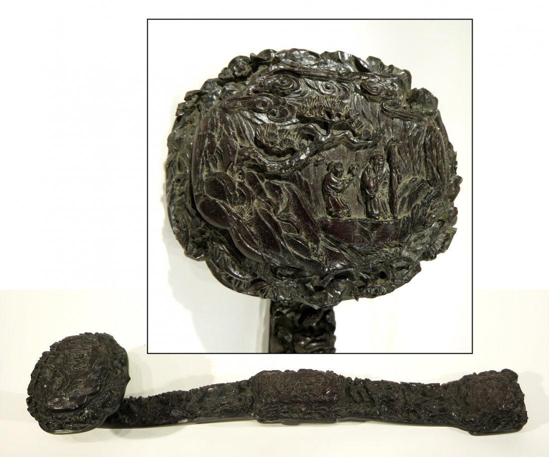 CHINESE HAND CARVED ZITAN RUYI: Chinese Hand Carved Zitan Ruyi : The wish-granted wand, commonly called ruyi scepter, carved from a single piece valued Zitan wood. The head of the ruyi is delicately hand caved depicting a scene of