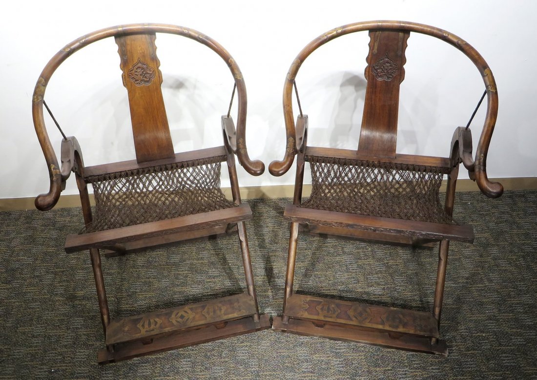 PAIR OF CHINESE HUANGHUALI JIAO YI CHAIRS: Pair Of Chinese Huanghuali Jiao Yi Chairs: BRASS-MOUNTED HUANGHUALI CHINESE FOLDING CHAIRS WITH WOVEN ROPE MAT, JIAOYI