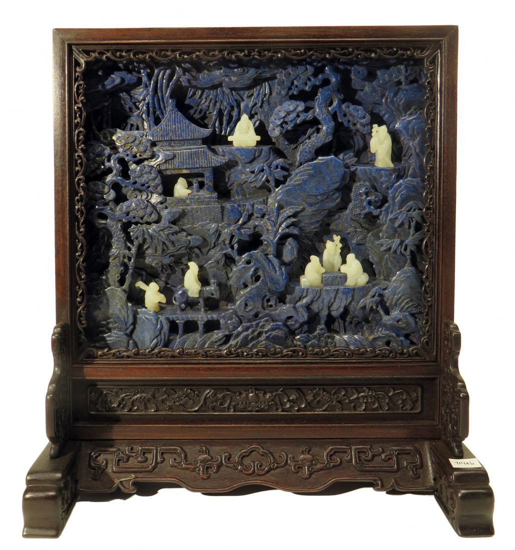CARVED LAPIS LAZULI AND WHITE JADE TABLE SCREEN (1 of 10)