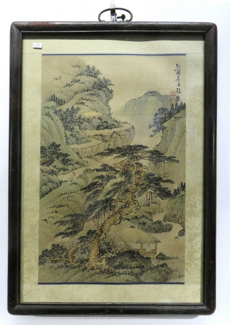 CHINESE FRAMED WATER COLOR LANDSCAPE: Chinese Framed Water Color Landscape: Chinese watercolor painting depicted 'shanshui' panoramic scene of waterside within misty mountainous landscape. Showing a themed poem inscription on top corner,