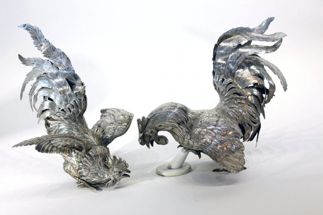 PAIR OF CONTINENTAL 19TH C. SILVER FIGHTING COCKS (1 of 10)