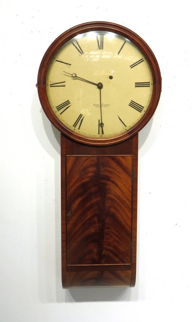 RARE TAVERN CLOCK BY FOSTER CAMPOS: Rare Tavern Clock By Foster Campos: Hand crafted in mahogany with a weight driven eight day "banjo" clock movement. 31" $200 - $400 Shipping: