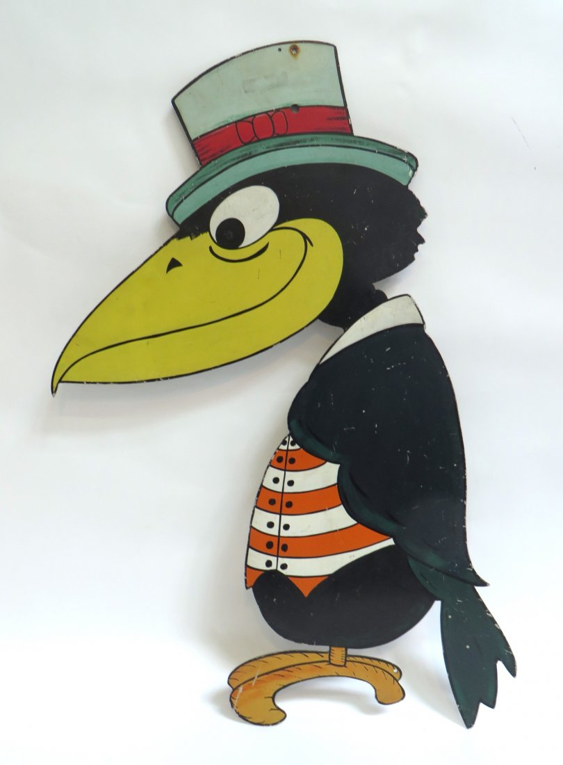 CARTOON CROW IN PAINTED METAL: Cartoon Crow In Painted Metal: A crow in the style of Heckle and Jeckle on painted metal, wearing a jaunty trilby hat and striped vest. 32 1/4" $40 - $120