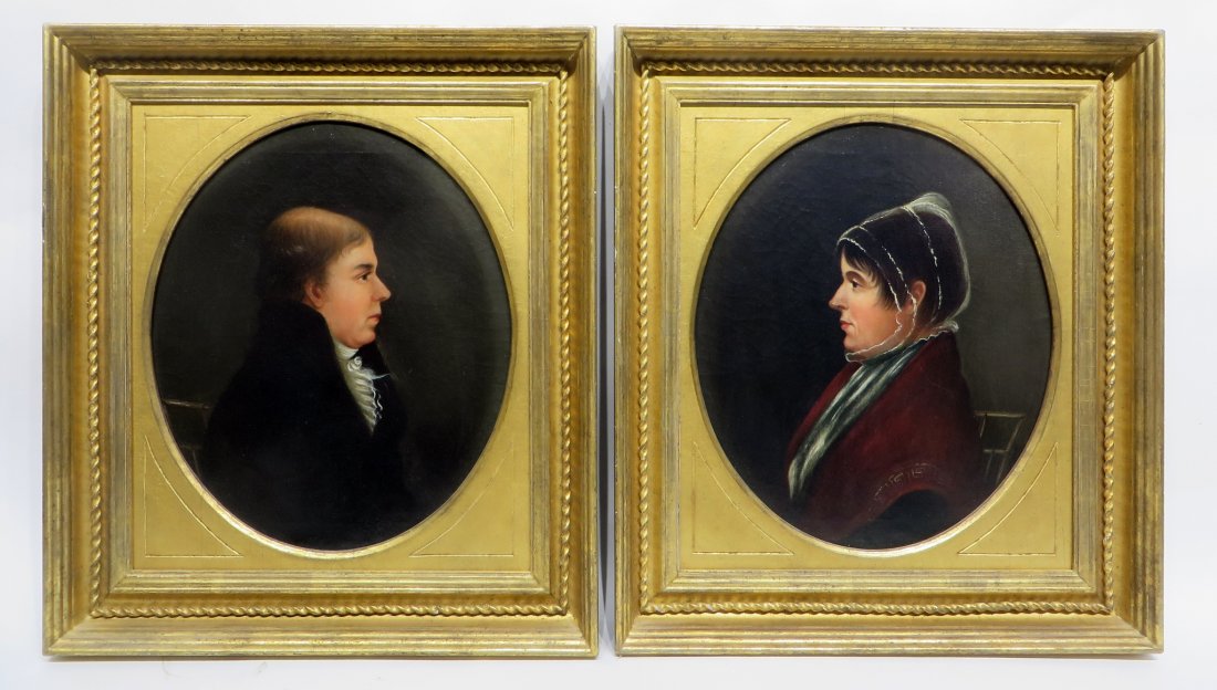PAIR OF 19TH C PORTRAITS ON CANVAS: Pair Of 19th C Portraits On Canvas: A sensitively depicted couple in formal dress face each other in two oil on canvas profile portraits. Left, the man’s face and lightly thinning hair are ren