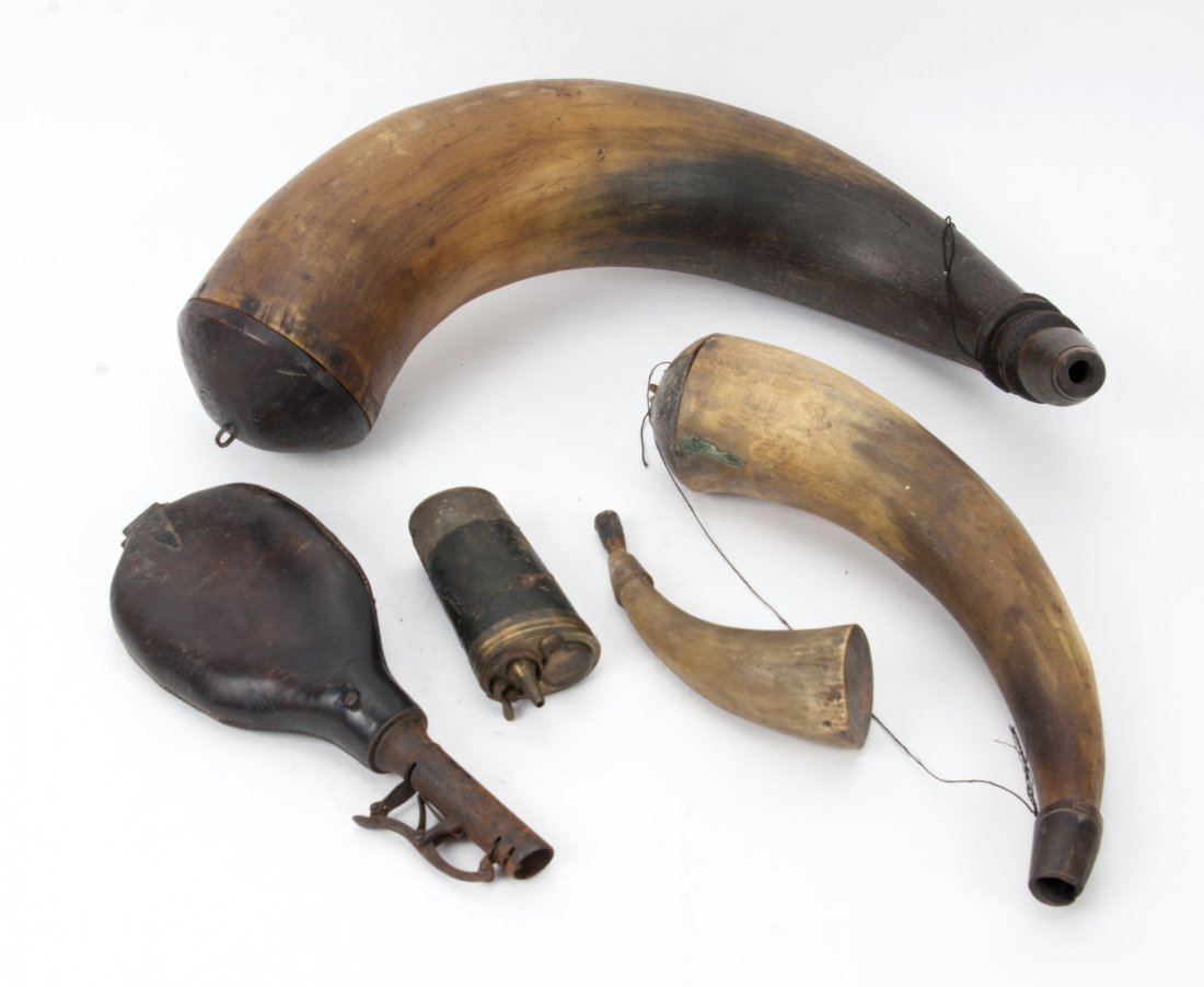 THREE POWDER HORNS, TWO POWDER BAGS (1 of 2)