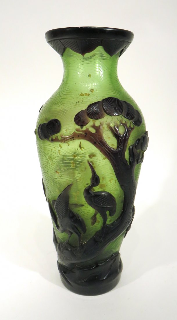 PEKING GREEN GLASS VASE W/ NATURE SCENES (1 of 7)