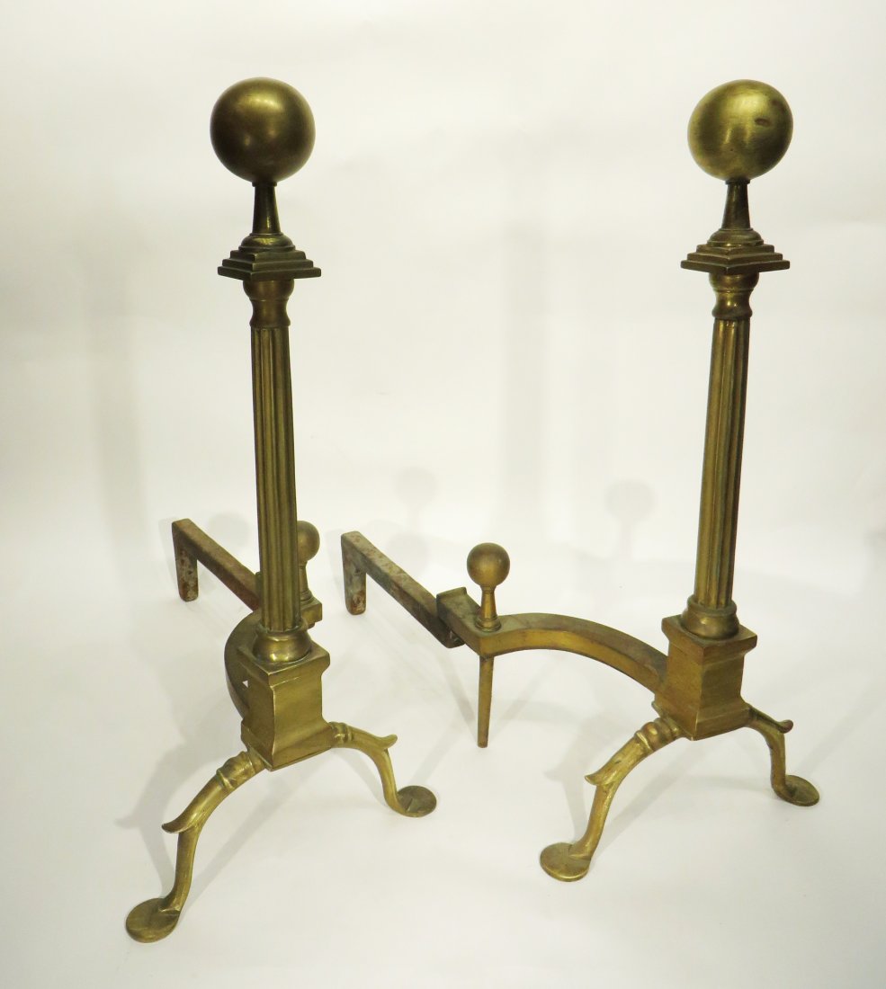 PAIR "PENNY FOOT" ANDIRONS, 19TH C. (1 of 2)
