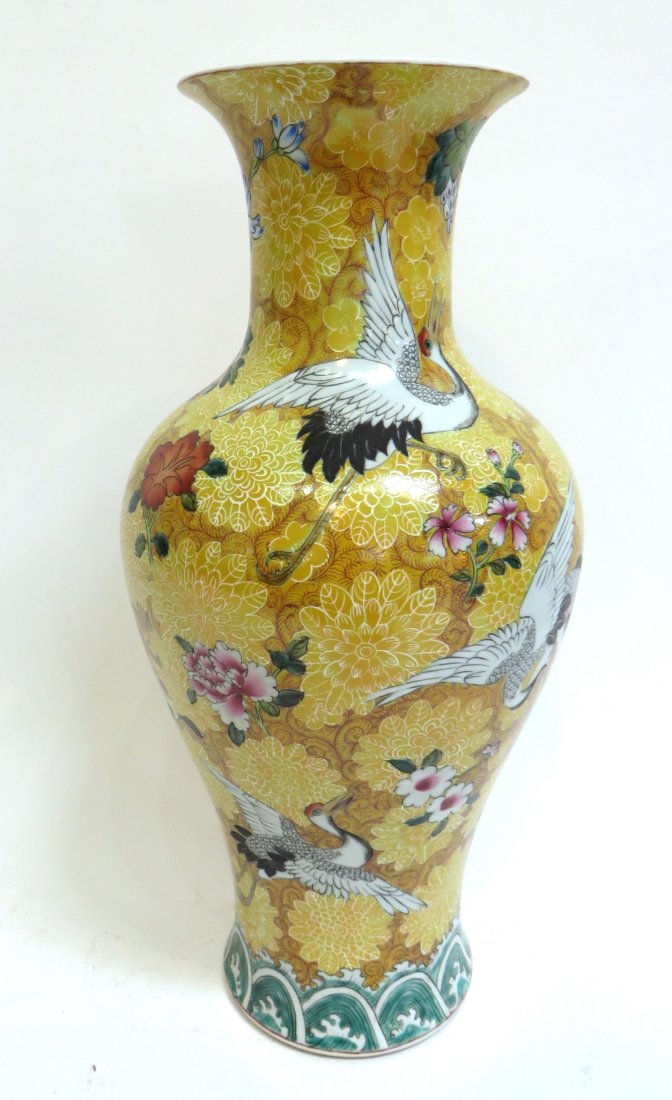 CHINESE PORCELAIN" ENAMEL YELLOW "CRANE" VASE (1 of 7)