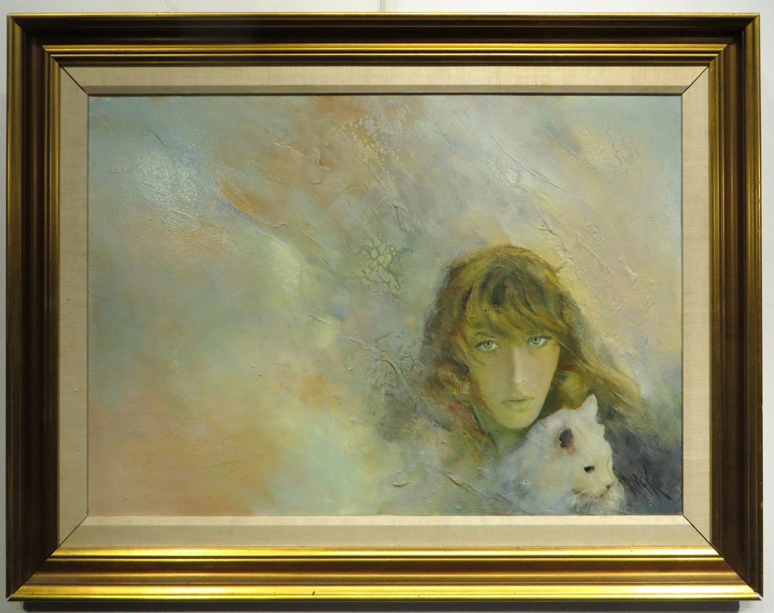 RUTH MCKEE PAINTING: Ruth Mckee Painting : A representational portrait of a blond haired woman with a white Persian cat on a pastel impasto background. Scumbling and palette knife work adds texture. Signed Ruth McKee in