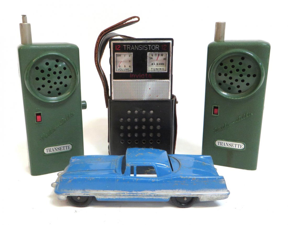 THREE RADIOS WITH TOY CAR: Three Radios With Toy Car: Two 'Transette' Walkie-Talkies in green. One black and silver 'Invicta' transistor radio. One body of an blue classic car made by 'Tootsietoy'. W