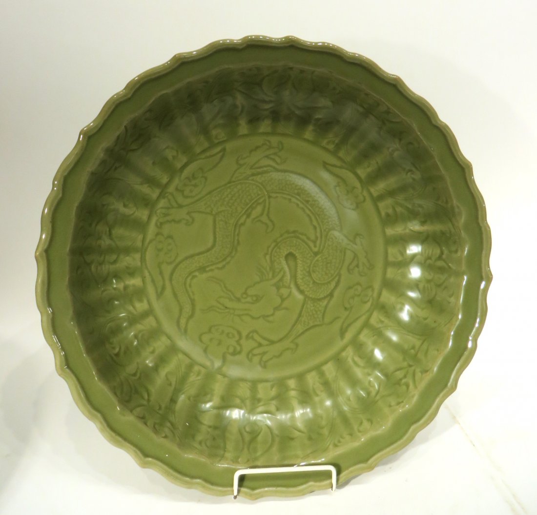 LARGE CARVED 'PEONY' LONGQUAN CELADON CHARGER (1 of 7)
