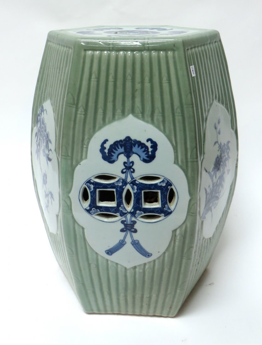 CELADON & BLUE GARDEN STOOL: Celadon & Blue Garden Stool: Celadon garden stool with blue and white reserves. 19" $200 - $400 Shipping: We are able to p