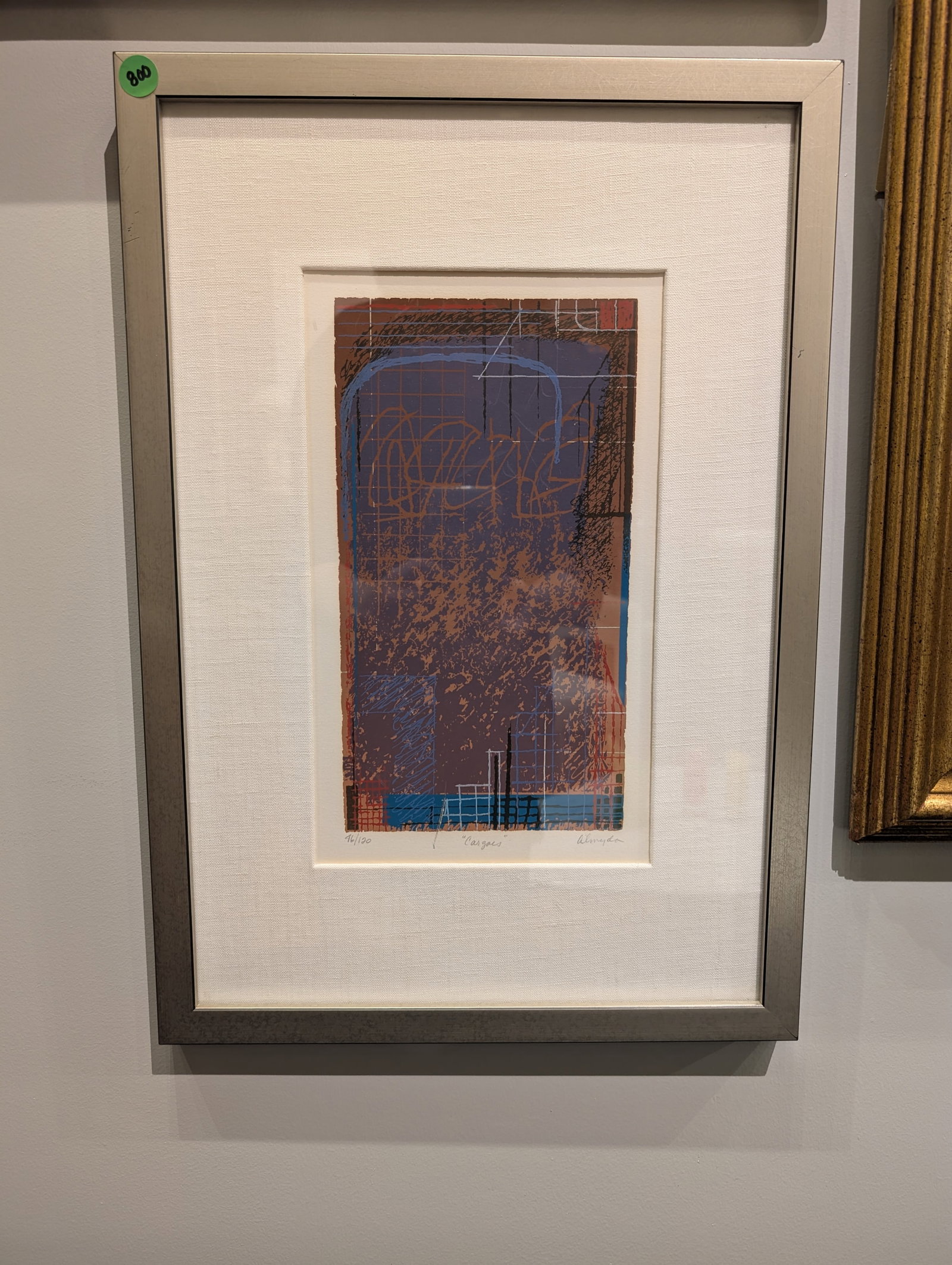 Joseph Almyda Silkscreen "Cargoes": Vibrant color silkscreen on paper by American artist Joseph Almyda, titled Cargoes. The composition features layers of bold, architectural grids and calligraphic marks in shades of violet, rust, turqu