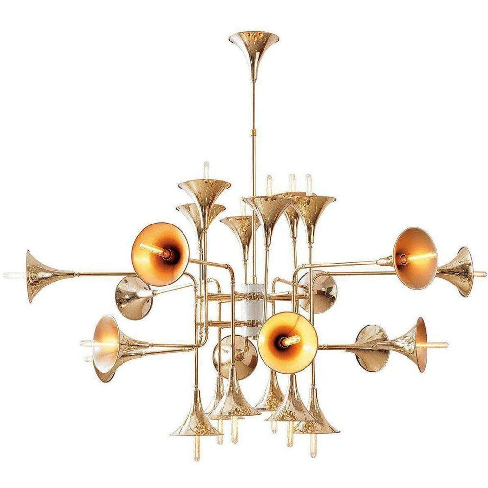 Trumpet Chandelier: Size: 65" L x 65" W x 71" H (max) Cord Length: 1.8 Meters Material: Carbon Steel Finish: Polished Gold Bulb Type: (24) E12 40W (Not Included) Weight: 60 lbs