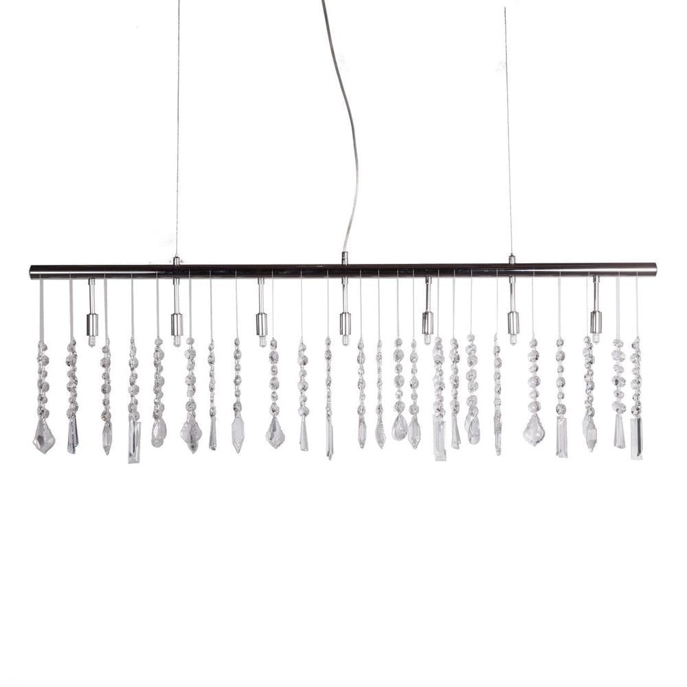 Harald Linear Crystal Chandelier: Size: 10.25" H x 46.5" W x 1.5" D Cord Length: 1.5M Materials: K7 Lead Crystal Finish: Chrome Bulb Type: (7) G9 35W Halogen (not Included) Weight: 9 lbs </