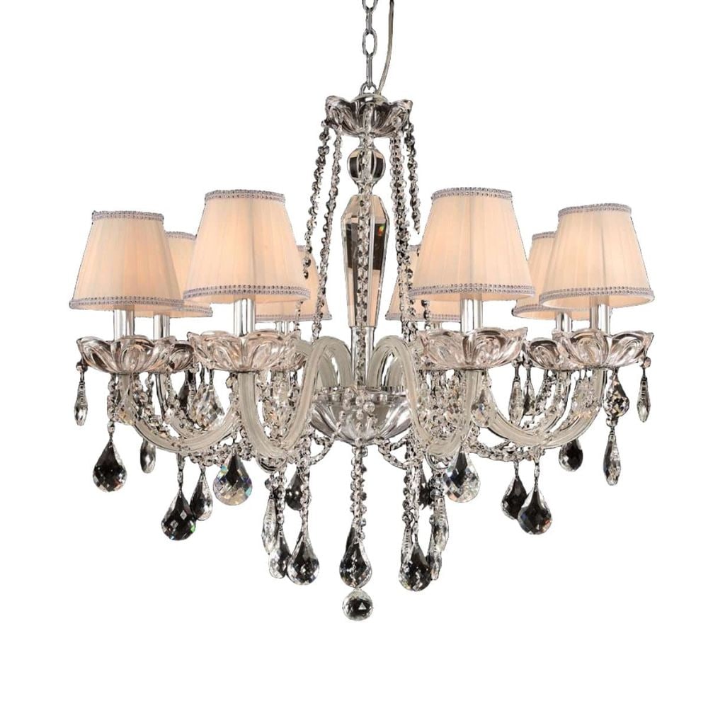 Belle Crystal Chandelier: Size:Â 25H x 32 W x 32 D Weight: 28 lbs Materials: Crystal,Â Glass, Linen, and Metal Bulb: