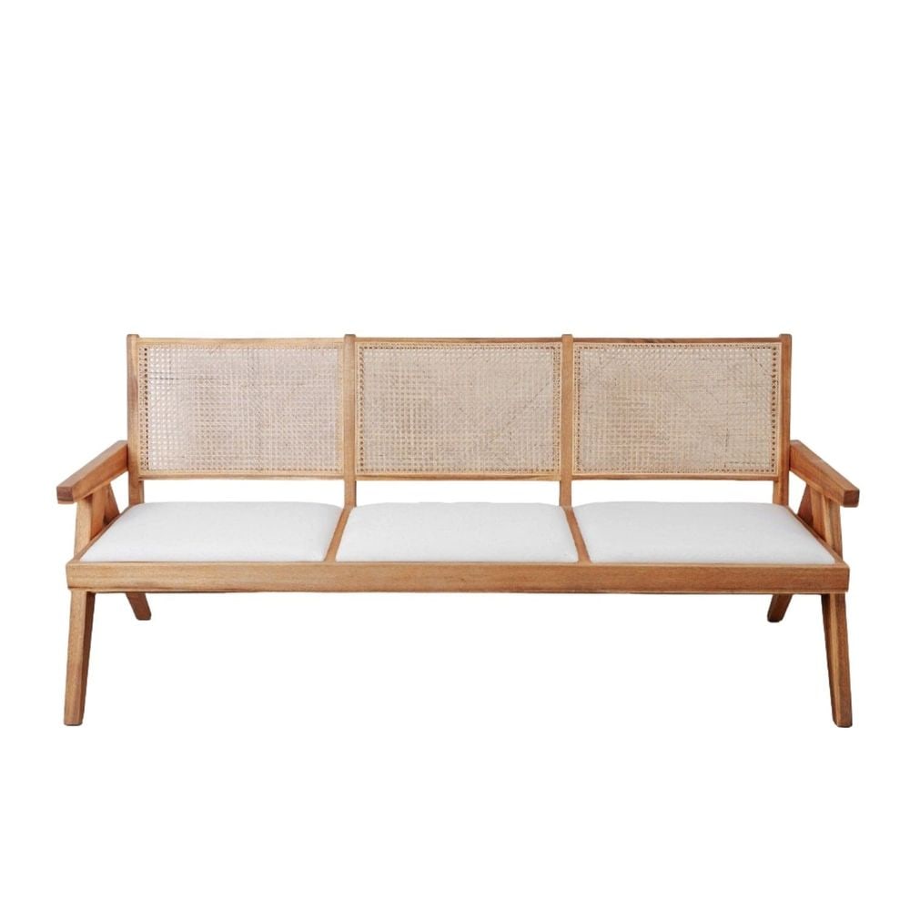 Jeanneret Style Sofa with Padded Seat: Size: 30 H x74 W x33 D Weight: 70 lbs Materials: Solid Acacia Wood, Rattan Color: Natural Wood, with Off-Whitefabric The natural wood tones and grain will vary Han